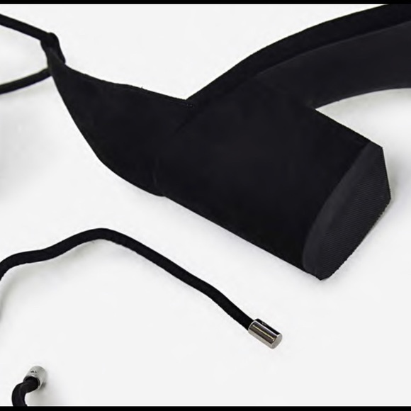 Lace Up Black Faux Suede Mid Block Heels - Picture 4 of 7